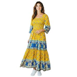 Me 2 Magic maxi, vibrant yellow & blue paisley pattern, smocked bodice tiered M